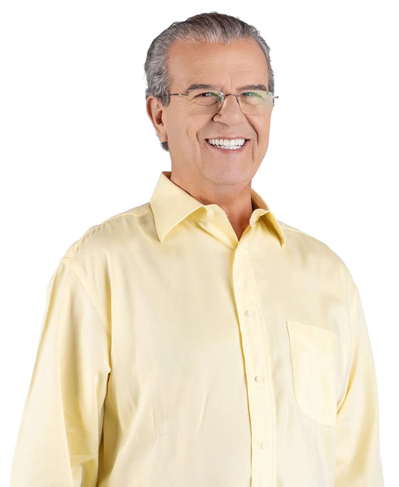 Dilador Borges de camisa amarela, sorrindo