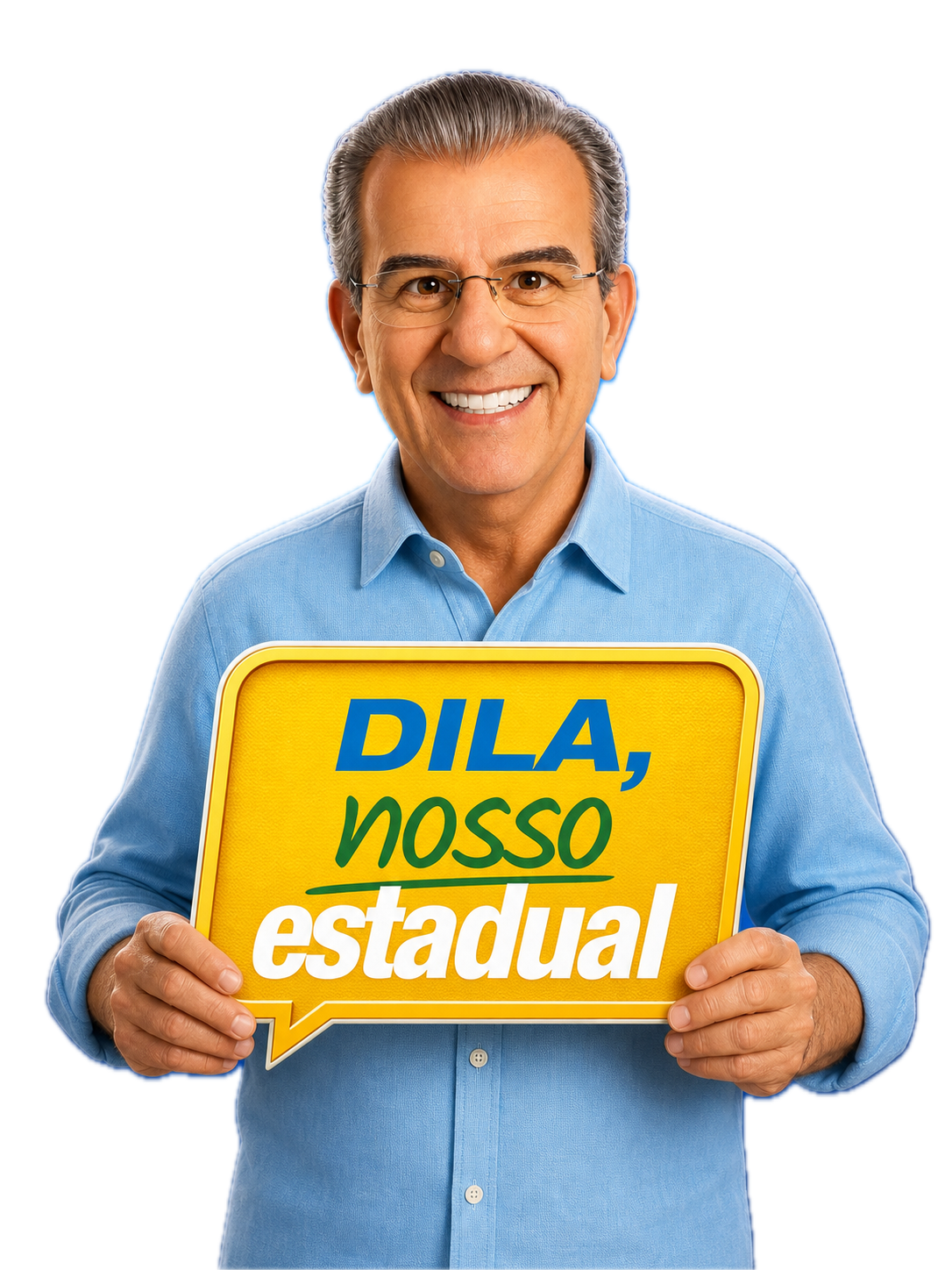 Personagem do Dila com a placa Dila, nosso estadual